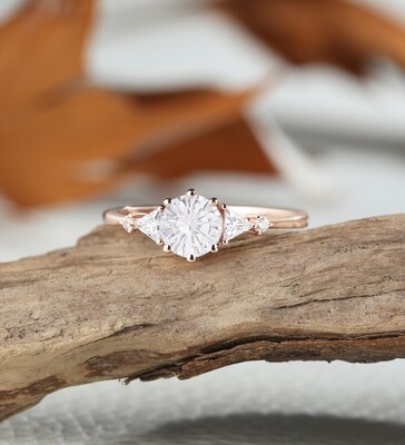 Round cut moissanite engagement ring, trillion cubic zirconia ring, vintage rose gold ring, promise wedding ring, personalized bridal ring - image2